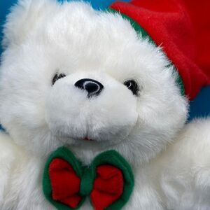 Vintage White Christmas Teddy Bear Plush Stuffed Animal Soft Toy 10" Hat Bow Tie